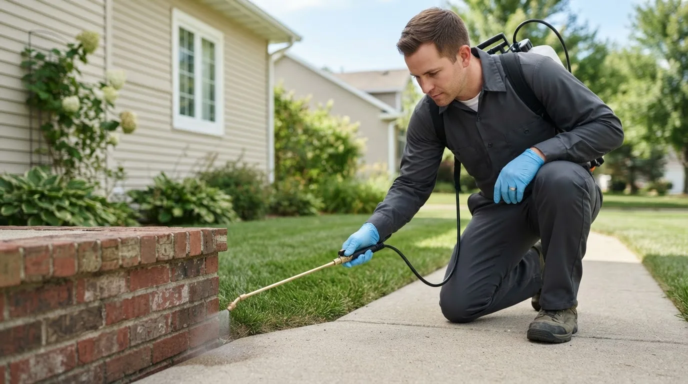 Pest control technician treating a home near Kewadin, MI